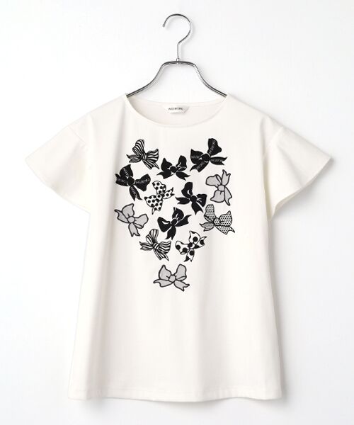 INGEBORG / インゲボルグ Tシャツ | リボンワンポイントpt.フリルスリーブカットソー（シロ）
