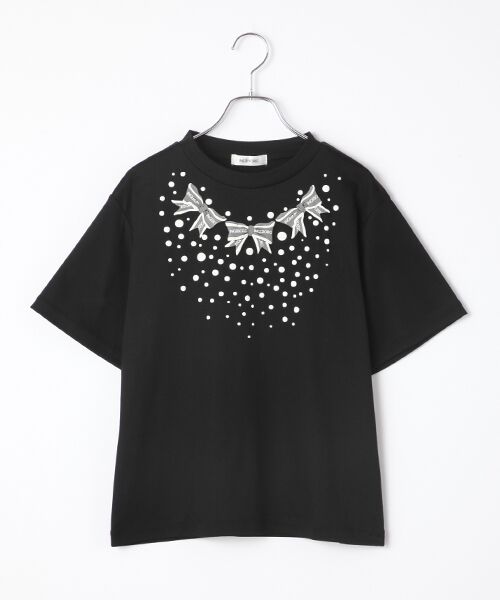 INGEBORG / インゲボルグ Tシャツ | ドット＆リボンプリントTシャツ（クロ）