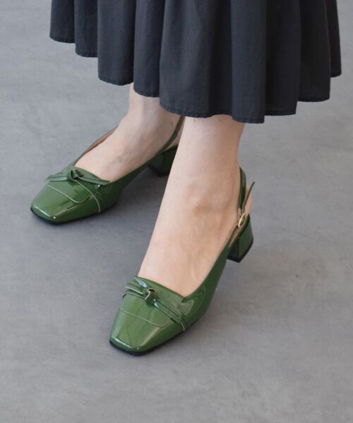 INTER-CHAUSSURES/インター ショシュール 【INTER-CAHUSSURES】スクエアトウチャンキーヒールバックバンド グリーンエナメル 36 INTER-CHAUSSURES/インター ショシュール 【INTER-CAHUSSURES】スクエアトウチャンキーヒールバックバンド グリーンエナメル 36