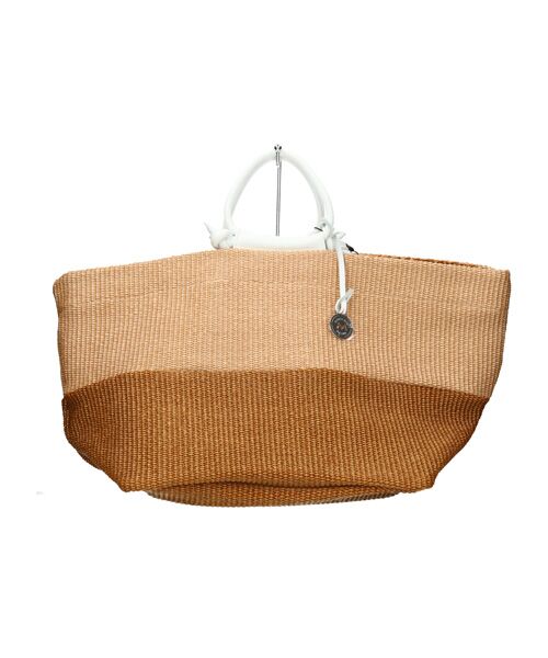 【美品】MARCO MASIレザーハンドルラフィアバッグ　ブラウン セール】 【MARCO MASI】レザーハンドルラフィアバッグ