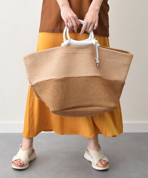 【美品】MARCO MASIレザーハンドルラフィアバッグ　ブラウン セール】 【MARCO MASI】レザーハンドルラフィアバッグ