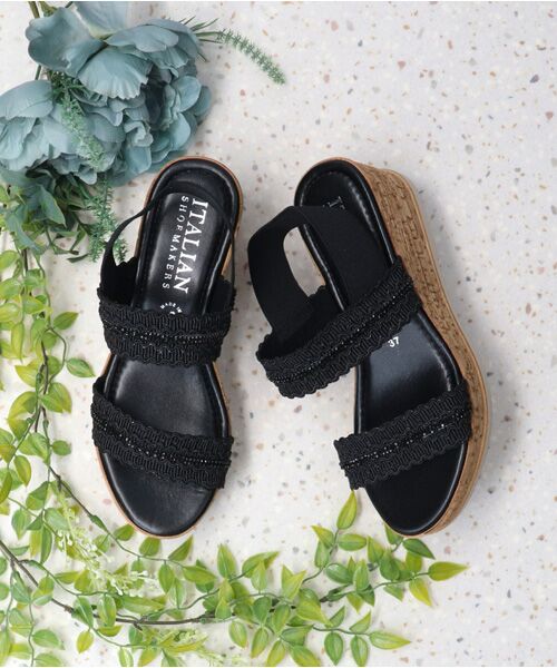 INTER-CHAUSSURES / インター ショシュール サンダル | 【ITALIAN SHOEMAKERS】ラインストーンリボン厚底サンダル-(92509T)（ブラック）