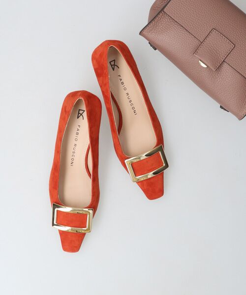 INTER-CHAUSSURES/インター ショシュール 【FABIO RUSCONI】スクエアトウメタルバックルパンプス オレンジスウェード 36 INTER-CHAUSSURES/インター ショシュール 【FABIO RUSCONI】スクエアトウメタルバックルパンプス オレンジスウェード 36