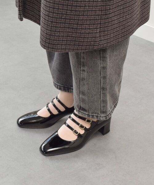 INTER-CHAUSSURES/インター ショシュール 【FABIO RUSCONI】スクエアトウトリプルストラップパンプス ブラックエナメル 36 INTER-CHAUSSURES/インター ショシュール 【FABIO RUSCONI】スクエアトウトリプルストラップパンプス ブラックエナメル 36