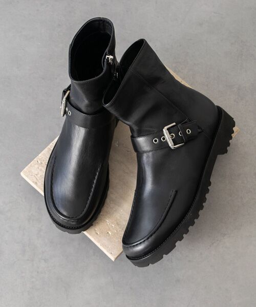 INTER-CHAUSSURES/インター ショシュール 【FABIO RUSCONI】オブリークトウベルトモカブーツ ブラック 38 INTER-CHAUSSURES/インター ショシュール 【FABIO RUSCONI】オブリークトウベルトモカブーツ ブラック 38