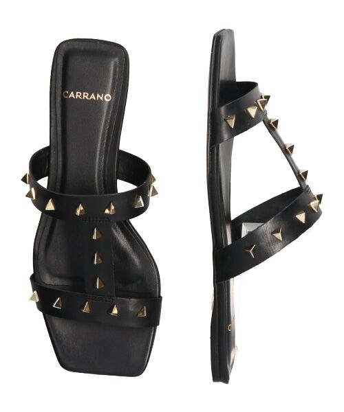 INTER-CHAUSSURES / インター ショシュール サンダル | 【CARRANO】スクエアトゥスタッズフラットサンダル（ブラック）
