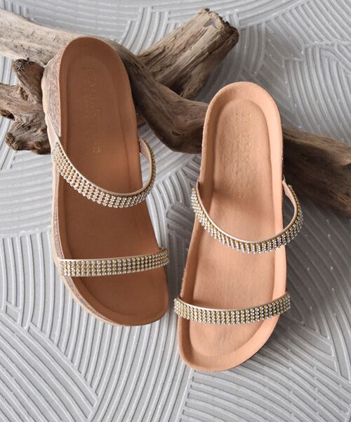 INTER-CHAUSSURES / インター ショシュール サンダル | 【ITALIAN SHOEMAKERS】ダブルラインストーンクッションインソールサンダル（ゴールド）