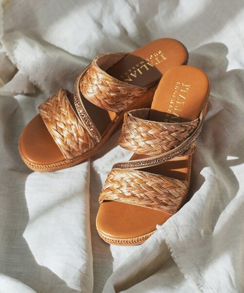 INTER-CHAUSSURES / インター ショシュール サンダル | 【ITALIAN SHOEMAKERS】ビジューラインウーブンウェッジサンダル（ベージュ雑材）