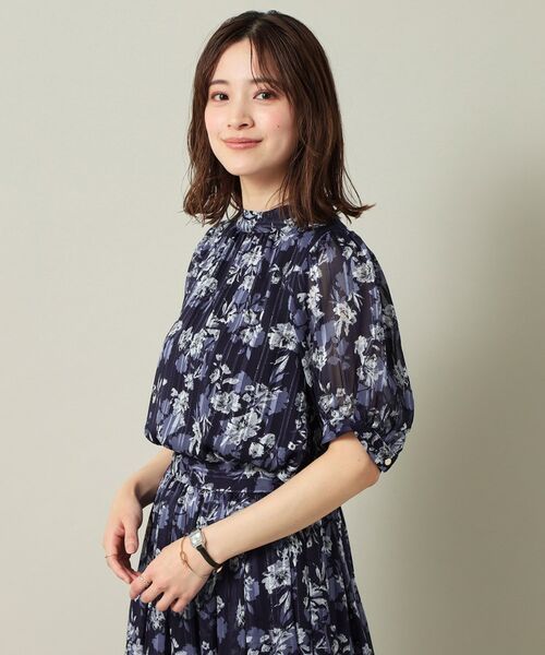 ITS'DEMO / イッツデモ シャツ・ブラウス | 【手洗い可／M・Lサイズ展開】ラメストライプ花柄5分袖ブラウス | 詳細14