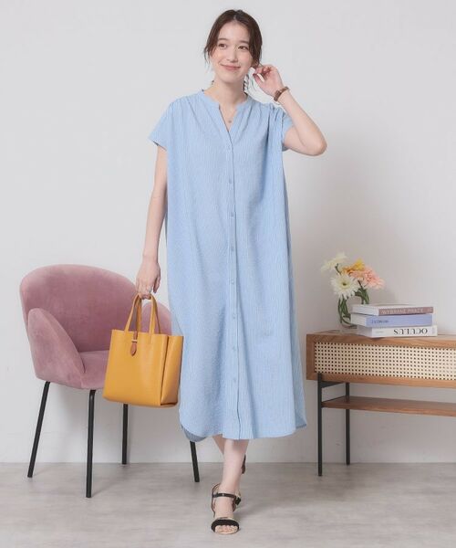 ITS'DEMO / イッツデモ ロング・マキシ丈ワンピース | 【洗濯機OK／洗濯後しわになりにくい】カットサッカー前開きワンピース | 詳細10