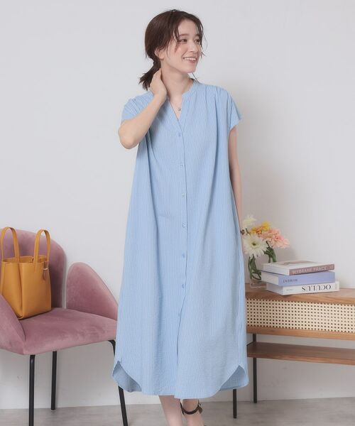 ITS'DEMO / イッツデモ ロング・マキシ丈ワンピース | 【洗濯機OK／洗濯後しわになりにくい】カットサッカー前開きワンピース | 詳細9