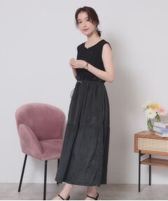 ITS'DEMO / イッツデモ ロング・マキシ丈ワンピース | 【ウエストゴム／洗濯機OK】異素材コンビワンピース