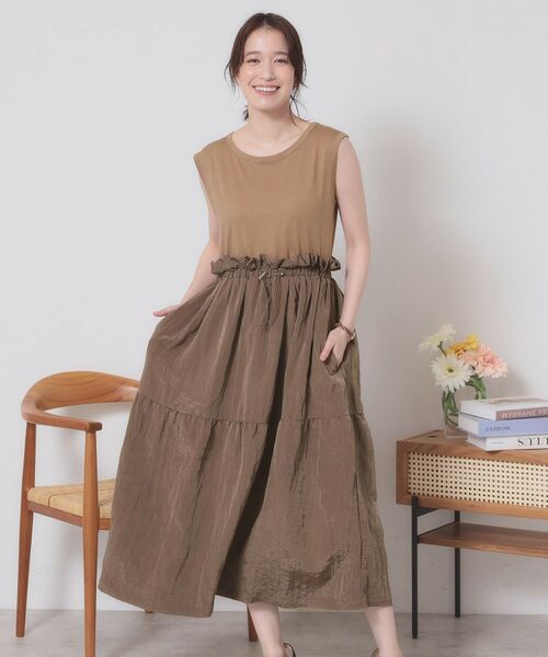 ITS'DEMO / イッツデモ ロング・マキシ丈ワンピース | 【ウエストゴム／洗濯機OK】異素材コンビワンピース | 詳細9