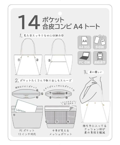 ITS'DEMO / イッツデモ トートバッグ | 【12ポケット／PC対応】合皮コンビA4トート | 詳細27