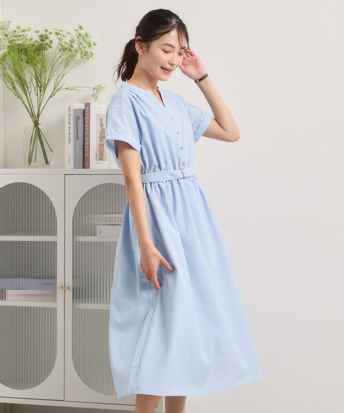 ITS'DEMO / イッツデモ ミニ丈・ひざ丈ワンピース | 【UVケア／洗濯機OK／イージーケア】麻調合繊ブラウジングワンピース（サックスブルー(090)）