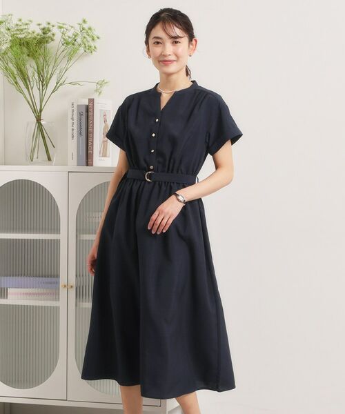 ITS'DEMO / イッツデモ ミニ丈・ひざ丈ワンピース | 【UVケア／洗濯機OK／イージーケア】麻調合繊ブラウジングワンピース（ネイビー(094)）