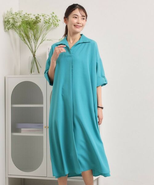 ITS'DEMO / イッツデモ ロング・マキシ丈ワンピース | 【UVケア／洗濯機OK／接触冷感／吸水速乾】麻調合繊スキッパーワンピース（グリーン(022)）