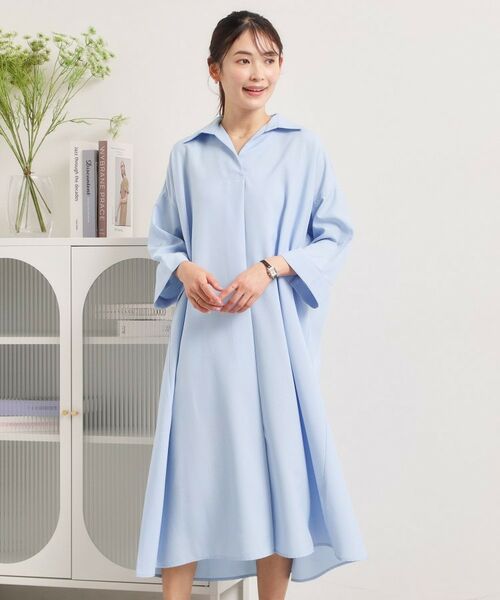 ITS'DEMO / イッツデモ ロング・マキシ丈ワンピース | 【UVケア／洗濯機OK／接触冷感／吸水速乾】麻調合繊スキッパーワンピース（サックスブルー(090)）