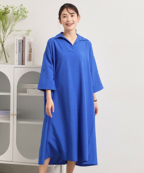 ITS'DEMO / イッツデモ ロング・マキシ丈ワンピース | 【UVケア／洗濯機OK／接触冷感／吸水速乾】麻調合繊スキッパーワンピース（ブルー(093)）