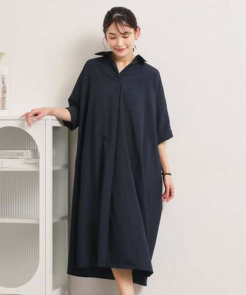 ITS'DEMO / イッツデモ ロング・マキシ丈ワンピース | 【UVケア／洗濯機OK／接触冷感／吸水速乾】麻調合繊スキッパーワンピース（ネイビー(094)）