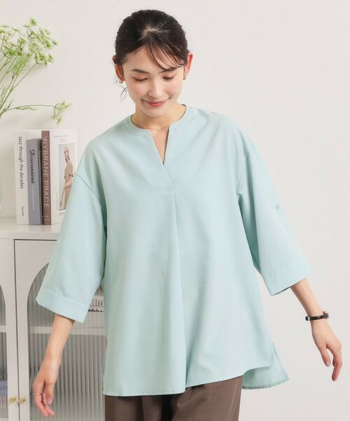ITS'DEMO / イッツデモ シャツ・ブラウス | 【UVケア／洗濯機OK／接触冷感／吸水速乾】麻調合繊スキッパーチュニック（ライトグリーン(020)）