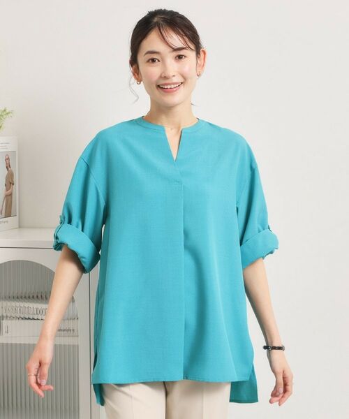 ITS'DEMO / イッツデモ シャツ・ブラウス | 【UVケア／洗濯機OK／接触冷感／吸水速乾】麻調合繊スキッパーチュニック（グリーン(022)）