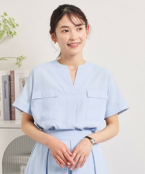 ITS'DEMO / イッツデモ シャツ・ブラウス | 【UVケア／洗濯機OK／接触冷感／吸水速乾】麻調合繊ポケ付きブラウス（サックスブルー(090)）