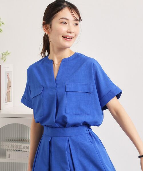 ITS'DEMO / イッツデモ シャツ・ブラウス | 【UVケア／洗濯機OK／接触冷感／吸水速乾】麻調合繊ポケ付きブラウス（ブルー(093)）