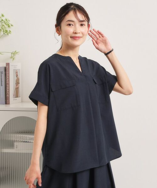 ITS'DEMO / イッツデモ シャツ・ブラウス | 【UVケア／洗濯機OK／接触冷感／吸水速乾】麻調合繊ポケ付きブラウス（ネイビー(094)）