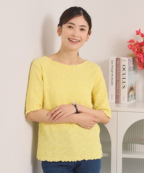 ITS'DEMO / イッツデモ カットソー | シャーリング5分袖プルオーバー（ライトイエロー(030)）