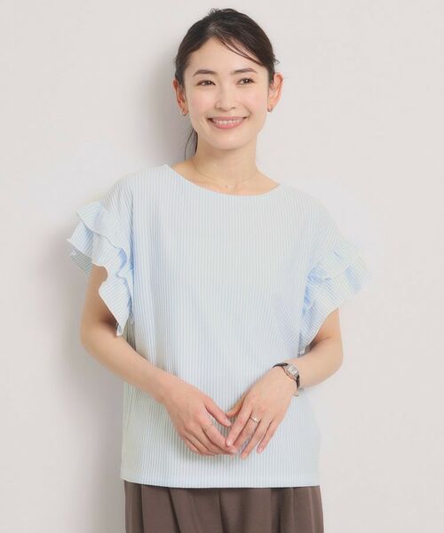 ITS'DEMO / イッツデモ カットソー | カットサッカー袖フリルトップス（サックスブルー(390)）