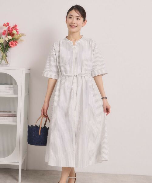 ITS'DEMO / イッツデモ ミニ丈・ひざ丈ワンピース | サッカーストライプ前開きワンピース | 詳細1