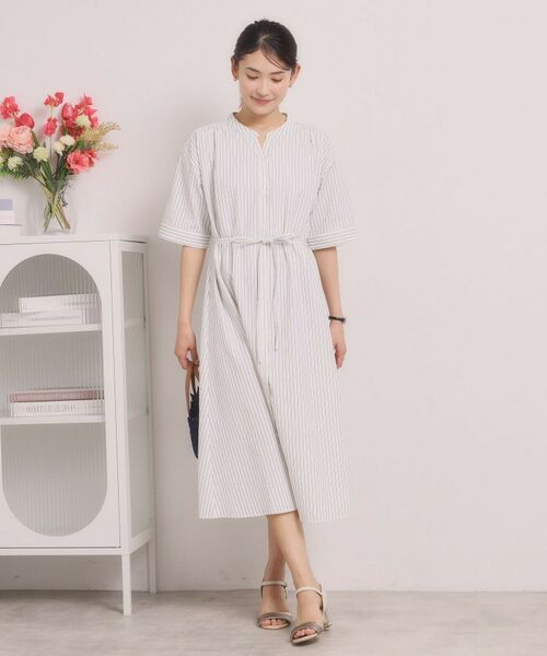 ITS'DEMO / イッツデモ ミニ丈・ひざ丈ワンピース | サッカーストライプ前開きワンピース | 詳細3