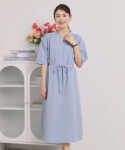 ITS'DEMO / イッツデモ ミニ丈・ひざ丈ワンピース | サッカーストライプ前開きワンピース | 詳細9