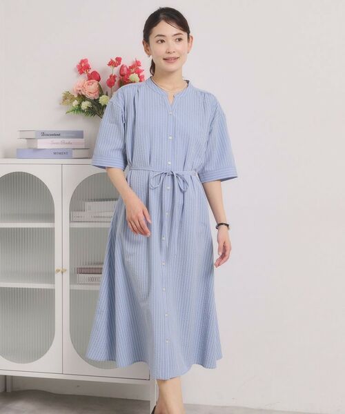 ITS'DEMO / イッツデモ ミニ丈・ひざ丈ワンピース | サッカーストライプ前開きワンピース（サックスブルー(390)）