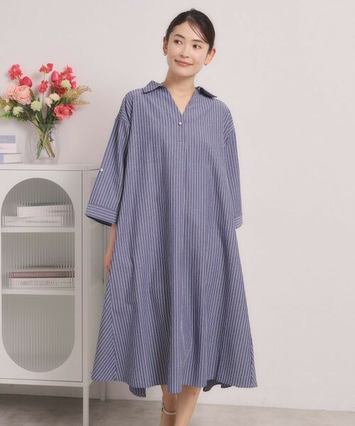 ITS'DEMO / イッツデモ ミニ丈・ひざ丈ワンピース | 【手洗い可】サッカーストライプスキッパーワンピース（ネイビー(394)）