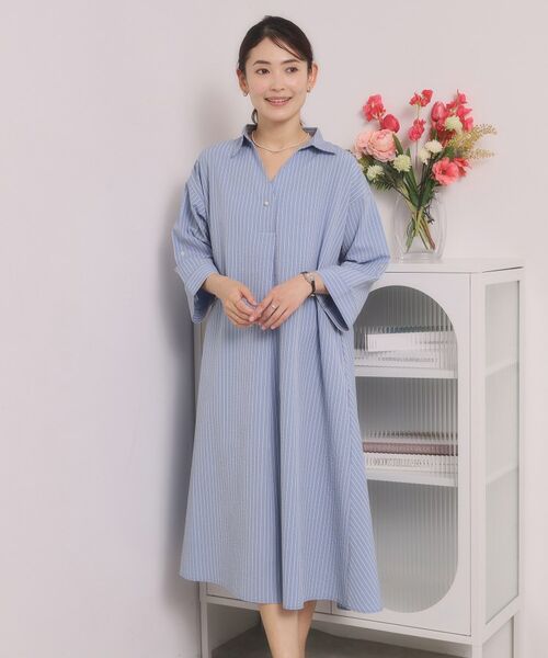 ITS'DEMO / イッツデモ ミニ丈・ひざ丈ワンピース | 【手洗い可】サッカーストライプスキッパーワンピース（サックスブルー(390)）