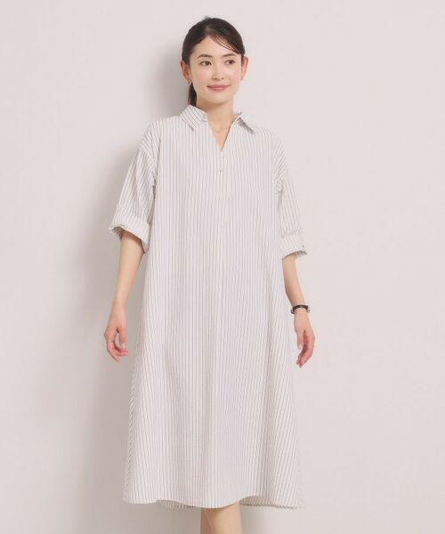 ITS'DEMO / イッツデモ ミニ丈・ひざ丈ワンピース | 【手洗い可】サッカーストライプスキッパーワンピース（オフホワイト(303)）