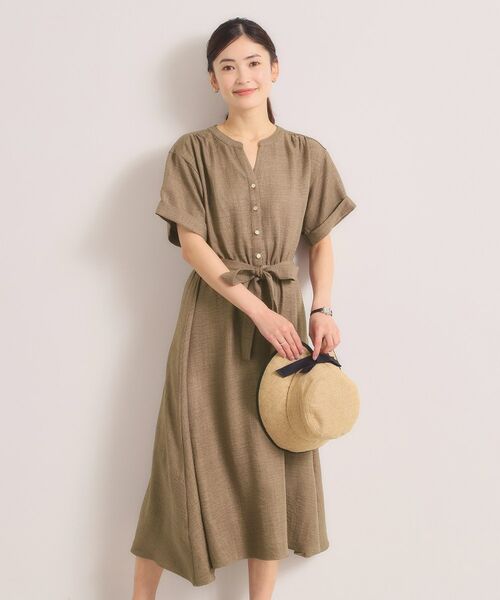 ITS'DEMO / イッツデモ ミニ丈・ひざ丈ワンピース | 【UVケア／イージーケア／洗濯機OK】柔らかリネンライクワンピース（ブラウン(043)）