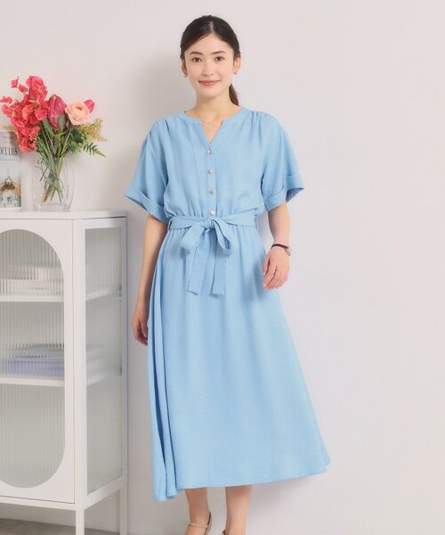ITS'DEMO / イッツデモ ミニ丈・ひざ丈ワンピース | 【UVケア／イージーケア／洗濯機OK】柔らかリネンライクワンピース（サックスブルー(090)）