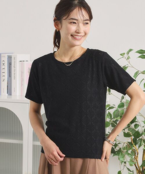ITS'DEMO / イッツデモ カットソー | 【手洗い可】レースジャカードTシャツ（ブラック(019)）