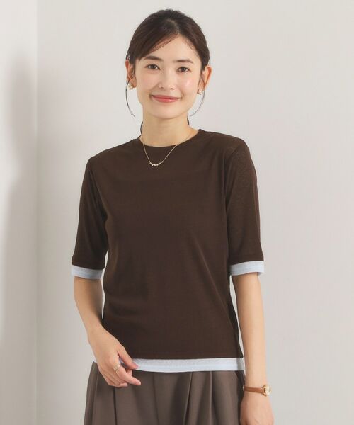 ITS'DEMO / イッツデモ Tシャツ | シアーレイヤード5分袖Tシャツ（ブラウン(043)）