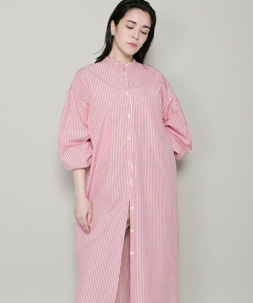 I.T.'S. international / イッツインターナショナル ミニ丈・ひざ丈ワンピース | ストライプシャツワンピース（レッド）