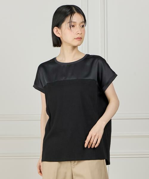 I.T.'S. international / イッツインターナショナル Tシャツ | サテン切り替えドルマンプルオーバー《スビン綿MIXフライス》（ブラック）