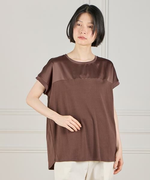 I.T.'S. international / イッツインターナショナル Tシャツ | サテン切り替えドルマンプルオーバー《スビン綿MIXフライス》（ブラウン）
