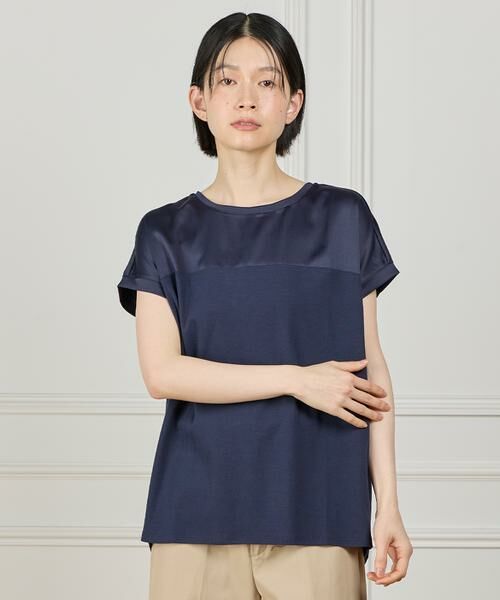 I.T.'S. international / イッツインターナショナル Tシャツ | サテン切り替えドルマンプルオーバー《スビン綿MIXフライス》（ネイビー）