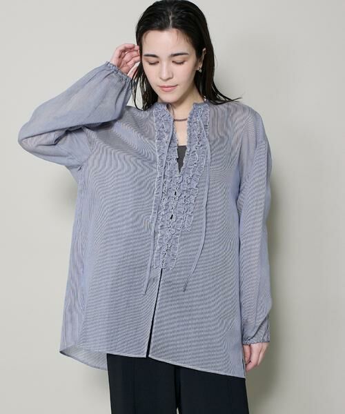 I.T.'S. international / イッツインターナショナル シャツ・ブラウス | コットンシルクフリルデザインブラウス（ストライプ1）