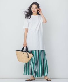 【Sサイズ有】無地 チュニックＴシャツ × ストライプ ワイドパンツ セット