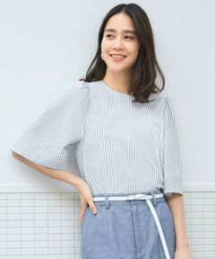 自由区 / ジユウク カットソー | 【接触冷感・UVカット・洗える】ストライプコットンハイゲージフレアスリーブ カットソー