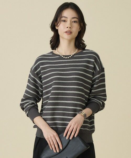 自由区 / ジユウク ニット・セーター | コットンポリミドルゲージボーダー ニット（グレー×イエロー）